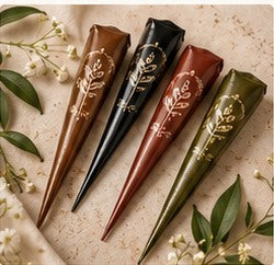 Four brown, black, red brown, and olive wrapped henna cones